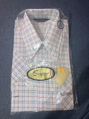 Vintage Simpsons White Dress Shirt with Blue and Red Windowpane Plaid